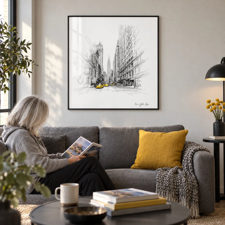 New York City Drawing, framed on the wall of a modern city-flat living room