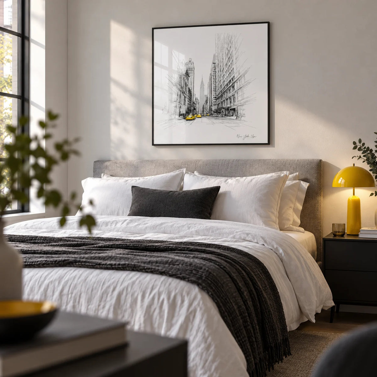 New York City Drawing, framed on the wall of a monochrome bedroom