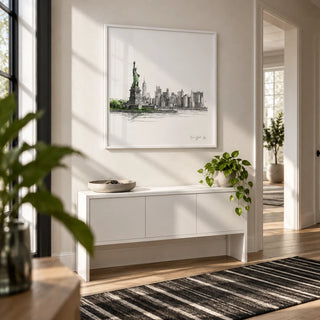 New York City Travel Poster, framed on the wall of a bright hallway