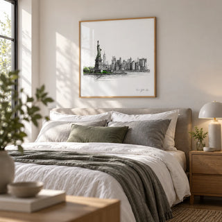 New York City Travel Poster, framed on the wall of a calm bedroom