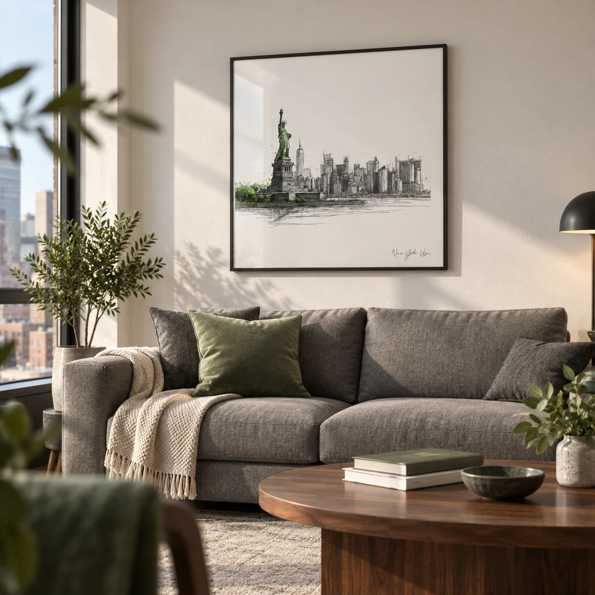 New York City Travel Poster, framed on the wall of a modern city apartment living room