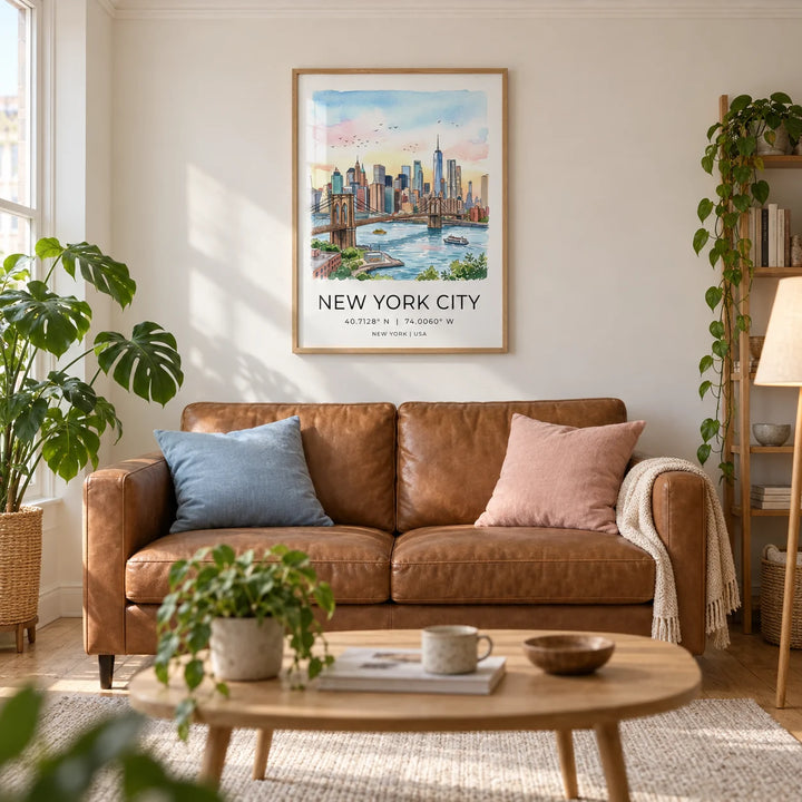 New York City Wall Art, framed on the wall of a light living room in a UK city flat with warm white walls