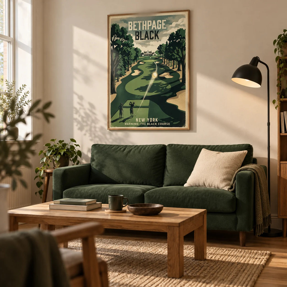 New York Golf Course Print, framed on the wall of a characterful living room in a UK first flat for a golf lover (22-28)