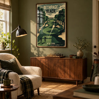 New York Golf Course Print, framed on the wall of a converted spare-room games snug in a UK semi-detached house with muted olive walls and a cork floor in a living room