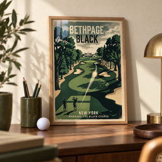 New York Golf Course Print, a small A4 framed print leaning on a walnut desk
