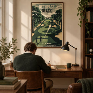 New York Golf Course Print, framed on the wall of a warm study in a golf enthusiast's UK terraced house with cream walls and walnut furniture