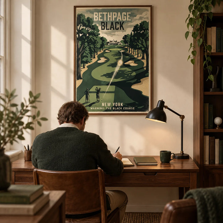 New York Golf Course Print, framed on the wall of a warm study in a golf enthusiast's UK terraced house with cream walls and walnut furniture