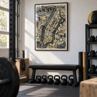 New York Graffiti Poster, framed on the wall of a clean home gym in a garage with a white wall and black rubber flooring