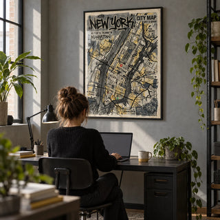 New York Graffiti Poster, framed on the wall of an industrial home office with a grey wall