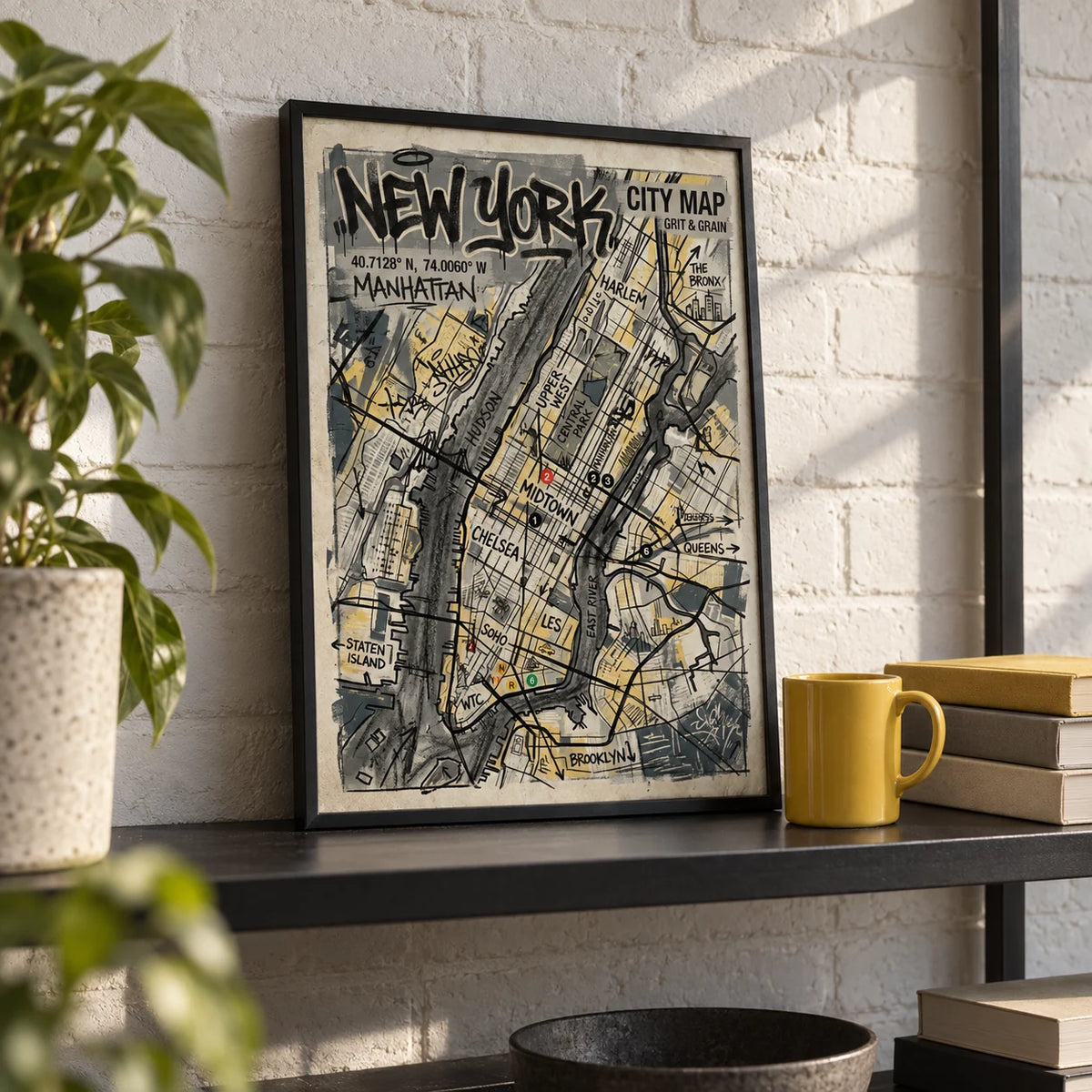 New York Graffiti Poster, a small A4 framed print leaning on a black metal shelf in a living room