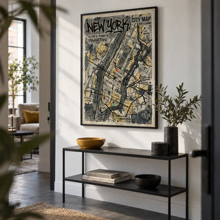 New York Graffiti Poster, framed on the wall of an urban flat hallway with a white wall and a dark grey floor