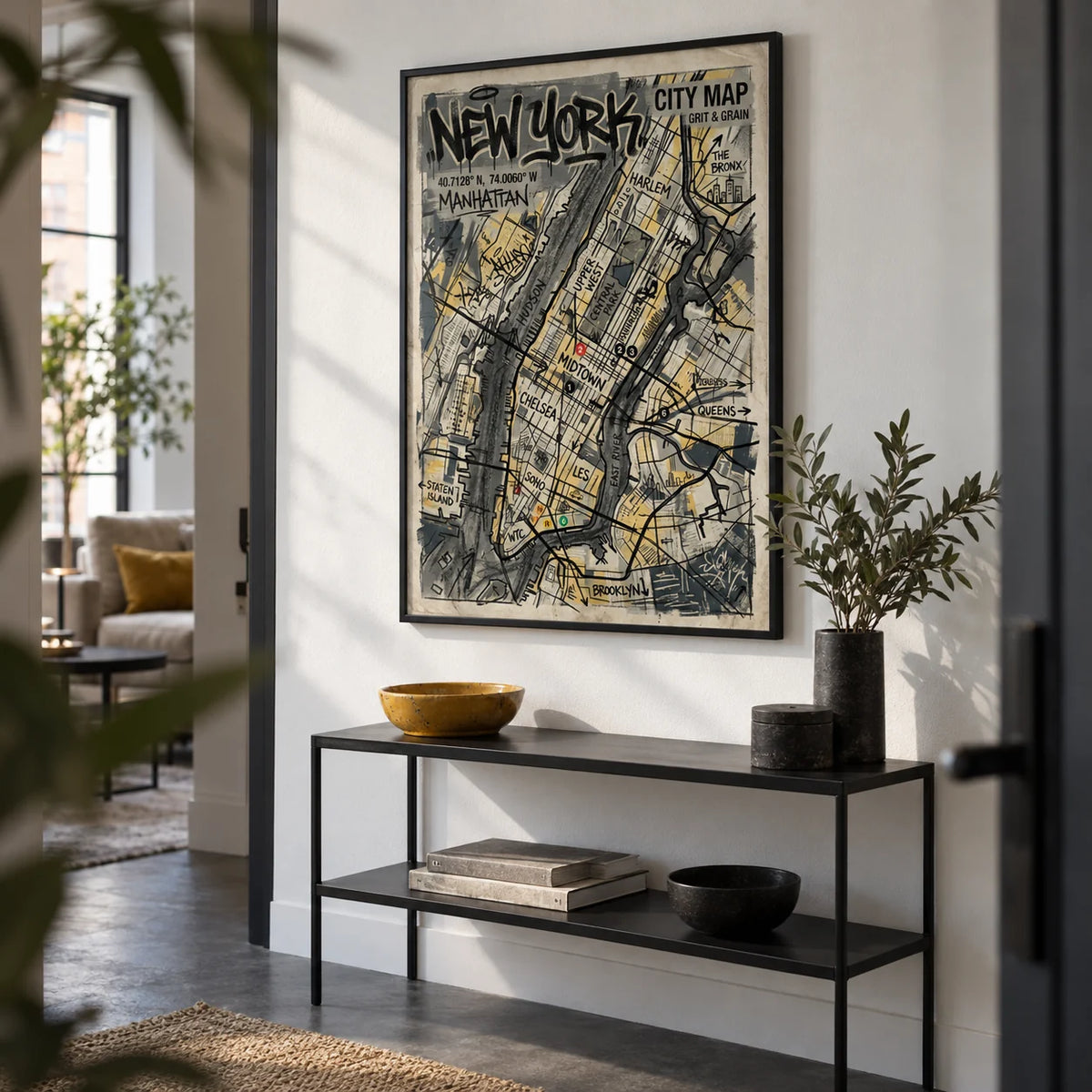 New York Graffiti Poster, framed on the wall of an urban flat hallway with a white wall and a dark grey floor