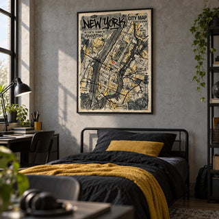 New York Graffiti Poster, framed on the wall of an urban teen boy's bedroom (13-17) with a concrete grey wall