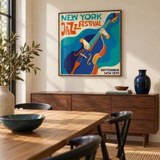 New York Jazz Festival Art Print, framed on the wall of a modern dining room with a cream wall