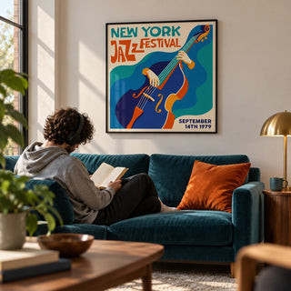 New York Jazz Festival Art Print, framed on the wall of a modern living room