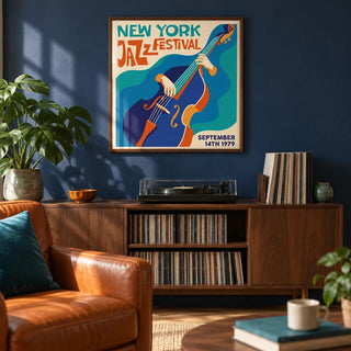 New York Jazz Festival Art Print, framed on the wall of a music lover's living room with a solid navy painted wall
