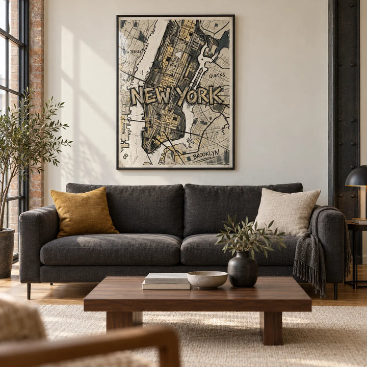 New York Map Art, framed on the wall of a modern living room in a UK warehouse conversion with a warm off-white wall