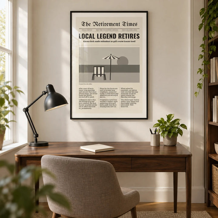 Newspaper Print, framed on the wall of a modern home study in a UK terraced house with a warm white wall and oak floor