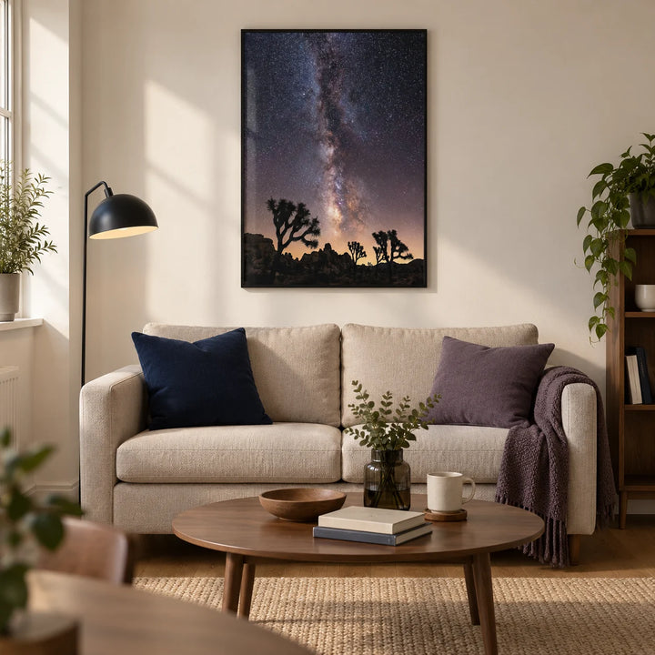 Night Desert Poster, framed on the wall of a contemporary living room in a UK first flat (25-35) with a warm off-white wall and oak floor