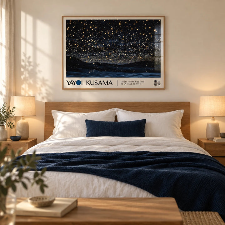 Night Sky Art, framed on the wall of a calm bedroom with a soft cream wall