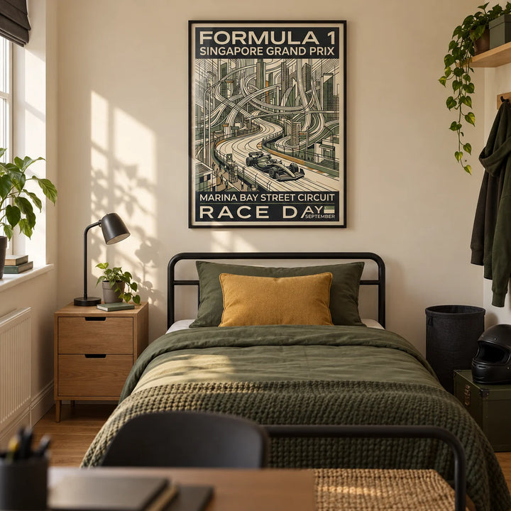 Night Street Circuit Poster, framed on the wall of a modern teenage motorsport fan's single bedroom (13-17) in a UK terraced house with a warm cream wall and oak floor