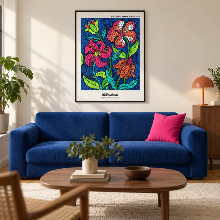 Nocturnal Floral Art Print, framed on the wall of a modern living room in a UK city flat with a warm white wall