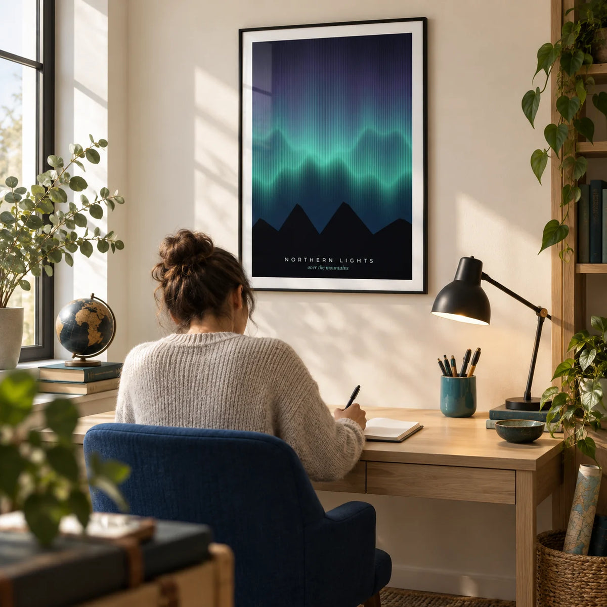 Nordic Wall Art, framed on the wall of a compact home study for a travel-loving adult with a warm white wall