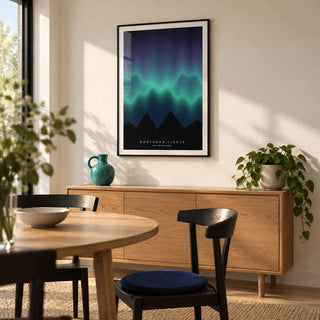 Nordic Wall Art, framed on the wall of a modern dining nook in a first home for a couple aged 25-35 with a warm white wall