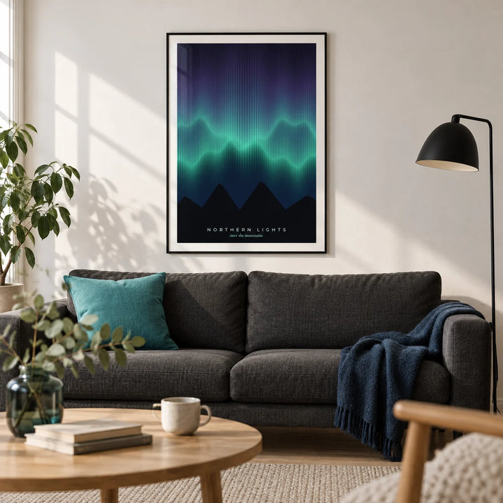 Nordic Wall Art, framed on the wall of a modern Nordic living room in a UK city flat with a soft white wall and pale oak floor
