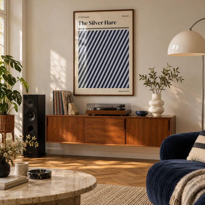 Norwich Print, framed on the wall of a living room with herringbone parquet