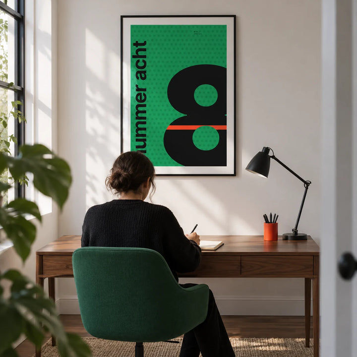 Number 8 Print, framed on the wall of a modern home office in a design-conscious UK flat with a white wall and walnut floor