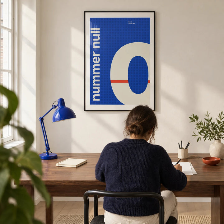 Number Print, framed on the wall of a crisp home design studio in a UK city flat with a warm white wall and pale timber floor in a home office