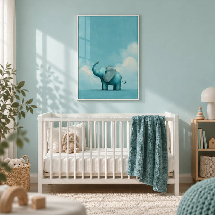 Nursery Animal Poster, framed on the wall of a calm nursery with a pale aqua wall