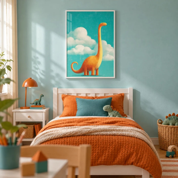 Nursery Room Poster, framed on the wall of a little boy's bedroom with a pale teal wall