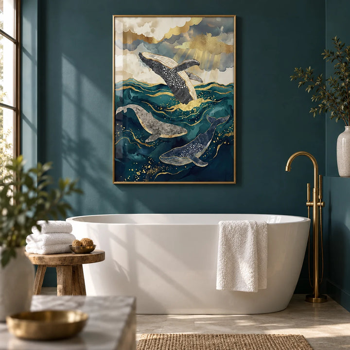Ocean Art Print, framed on the wall of a calm coastal bathroom with deep teal painted walls