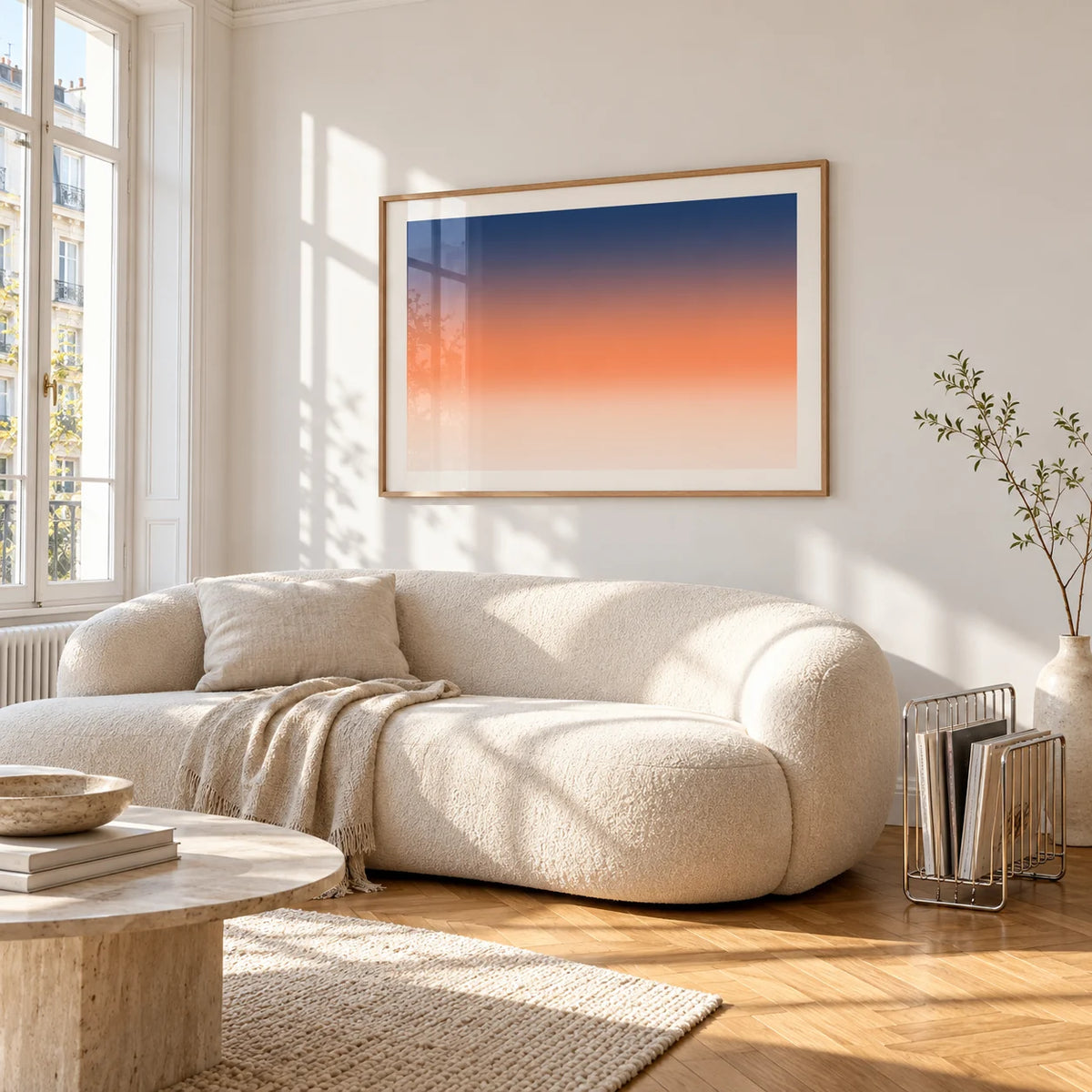 Ocean Sunset Poster, framed on the wall of a bright living room corner