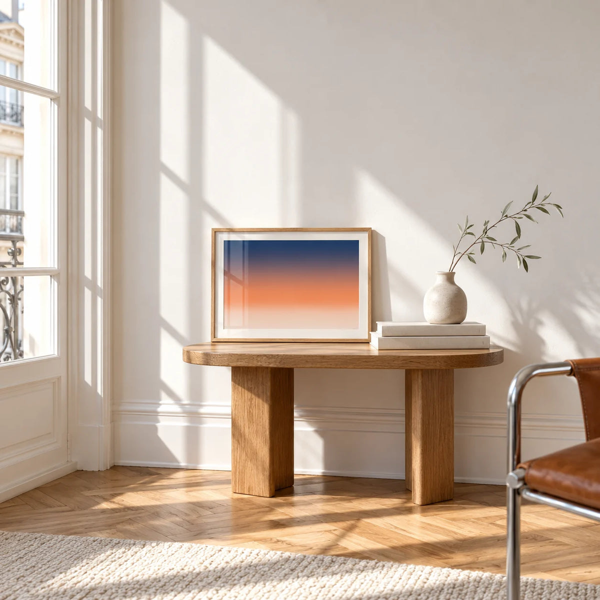 Ocean Sunset Poster, a small A4 framed print leaning on a small solid oak side table