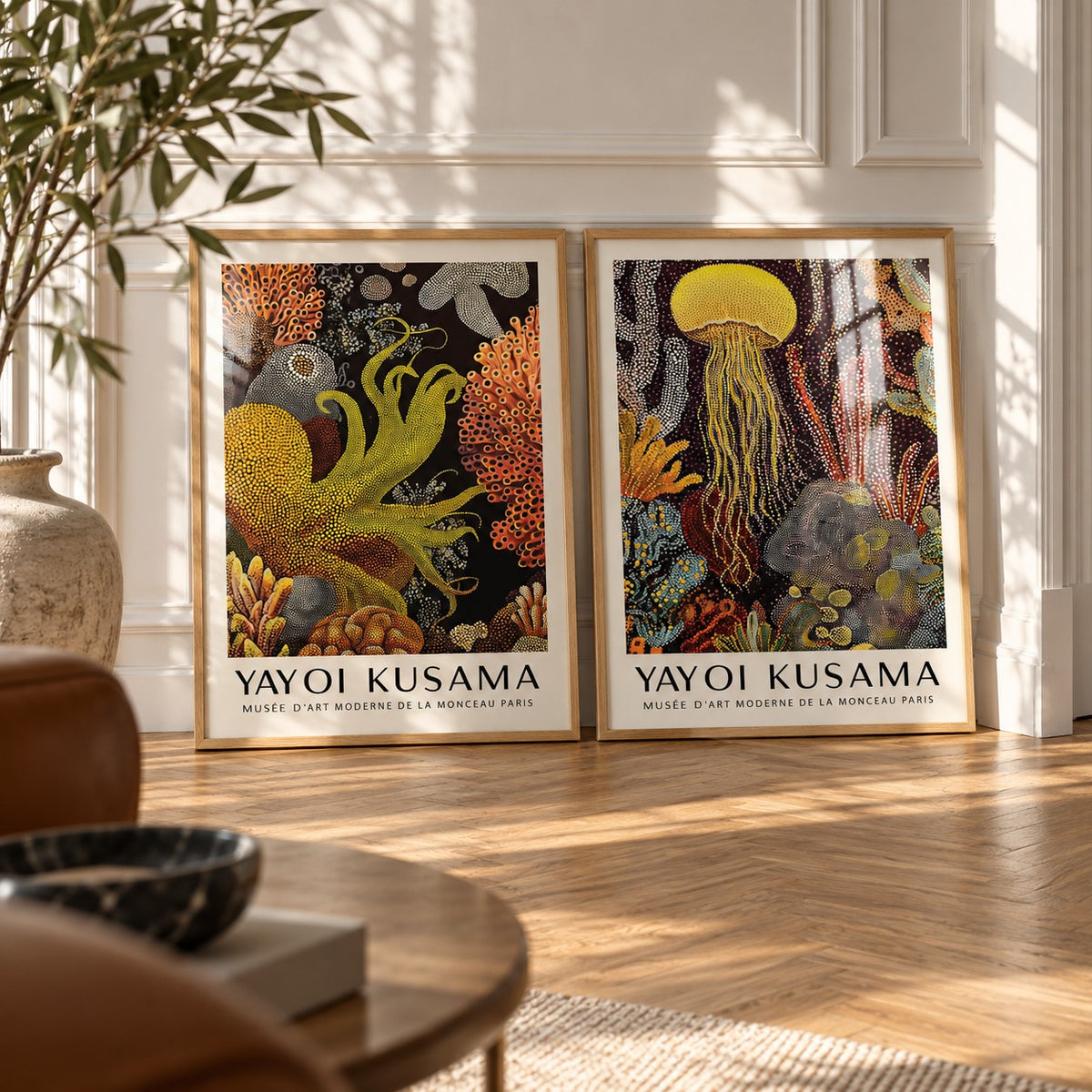 Octopus and Jellyfish Wall Art Set of 2 styled leaning against a white panelled wall on herringbone parquet: Golden Tentacle and Luminous Drift shown framed side by side (frames not included)