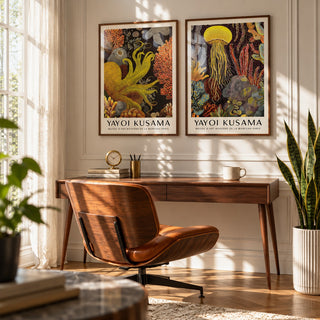 Octopus and Jellyfish Wall Art Set of 2 styled above a walnut desk with a cognac leather chair in a mid-century study: Golden Tentacle and Luminous Drift shown framed side by side (frames not included)