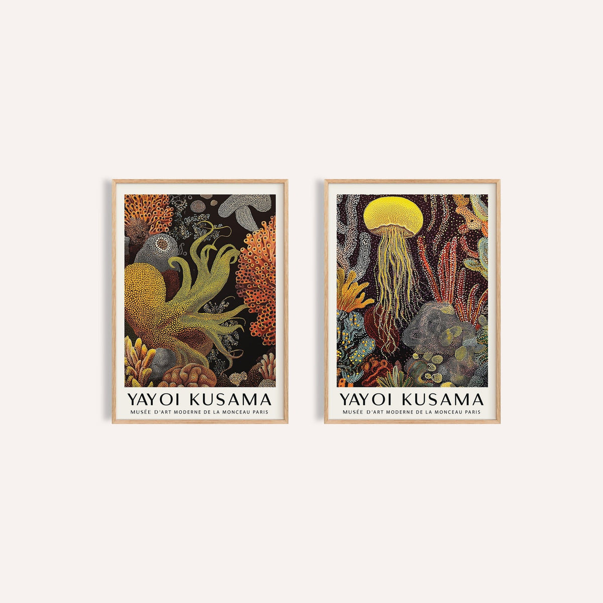 Octopus and Jellyfish Wall Art Set of 2: Golden Tentacle and Luminous Drift side by side, two separate unframed prints