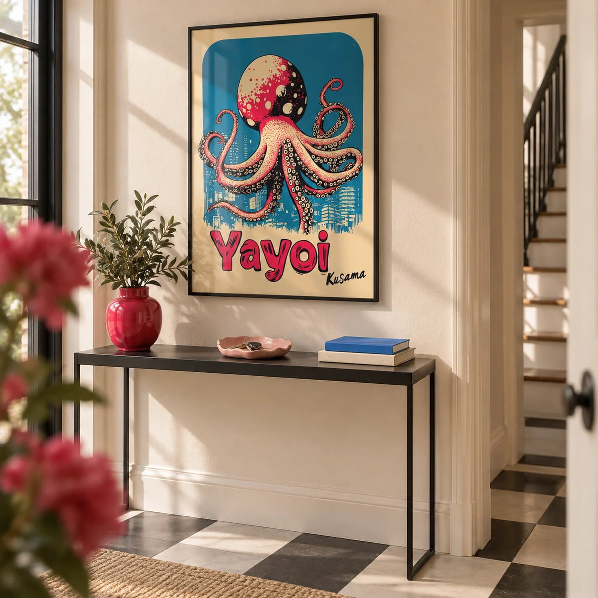 Octopus Poster Art, framed on the wall of a bright hallway with a soft cream wall and a black and white plain floor