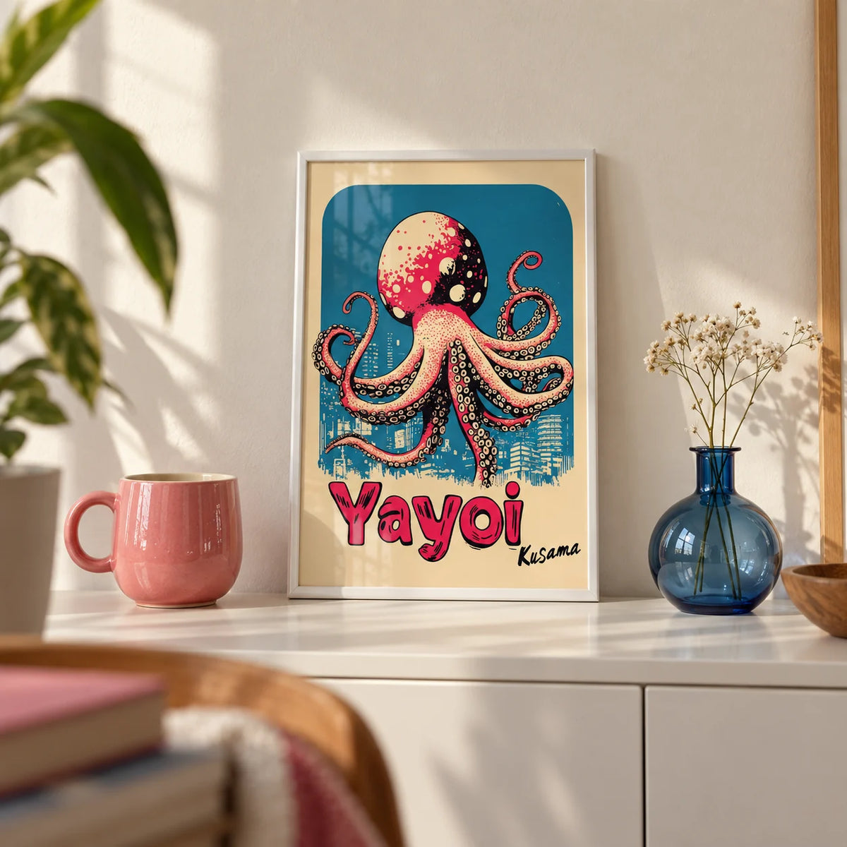 Octopus Poster Art, a small A4 framed print leaning on a white shelf in a living room