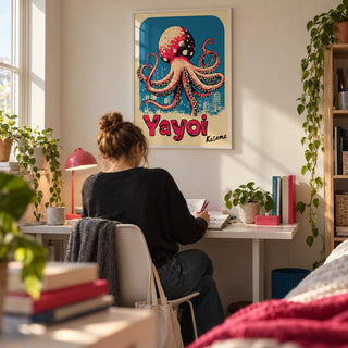 Octopus Poster Art, framed on the wall of a student room at university (18-21) with a cream wall in a home office
