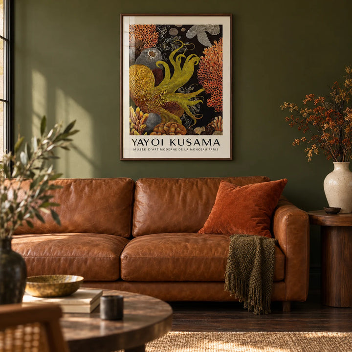 Octopus Wall Art, framed on the wall of a characterful living room with a deep olive green painted wall and a dark wood floor