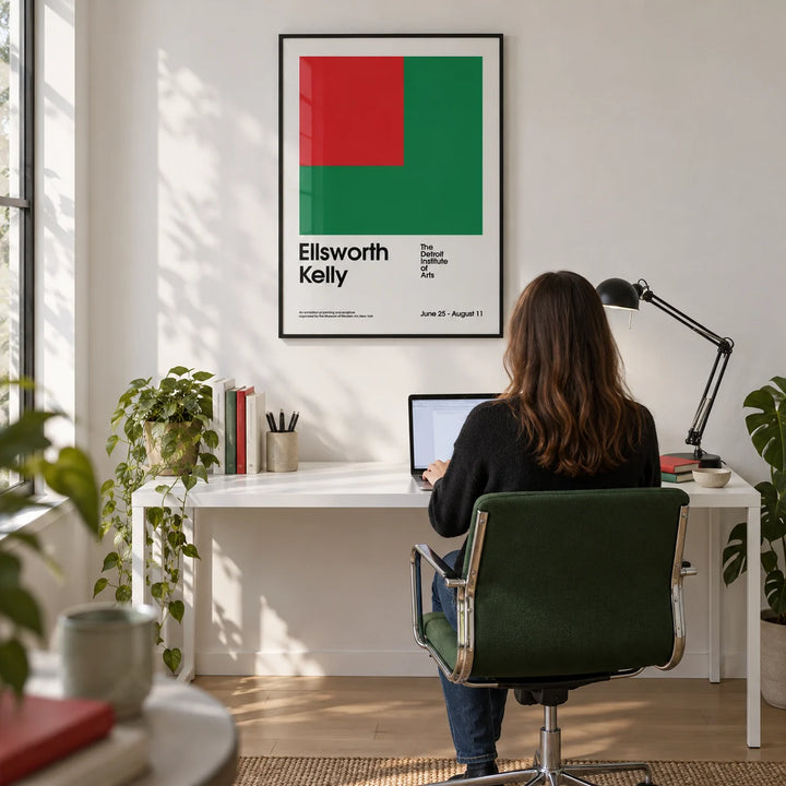 Office Poster, framed on the wall of a design-led home office with a white wall and a light oak floor