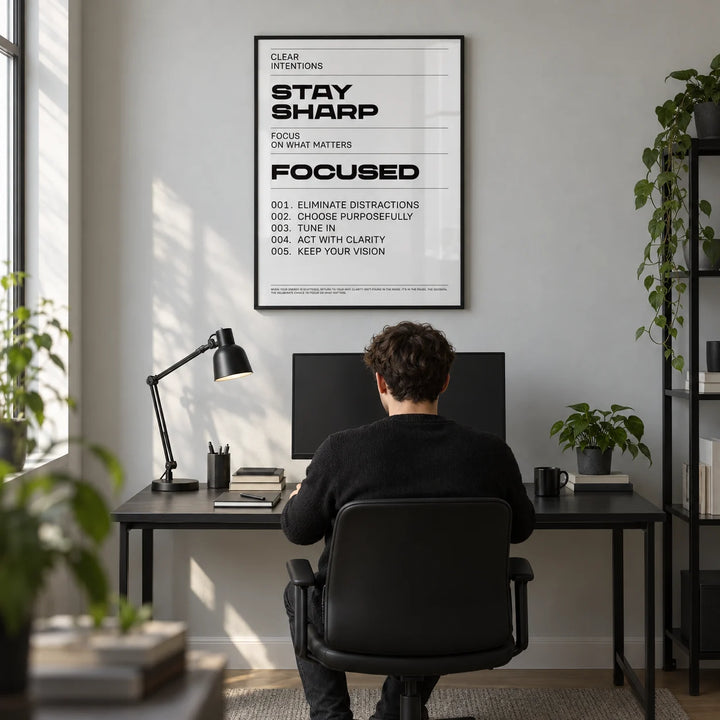 Office Posters Motivational, framed on the wall of a focused study corner in a modern flat with a pale grey wall