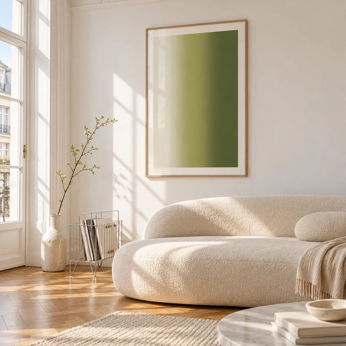 Olive Green Abstract Wall Art, framed on the wall of a bright living room corner