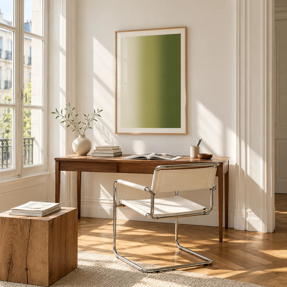 Olive Green Abstract Wall Art, framed on the wall of a bright study corner with a tall white paned window