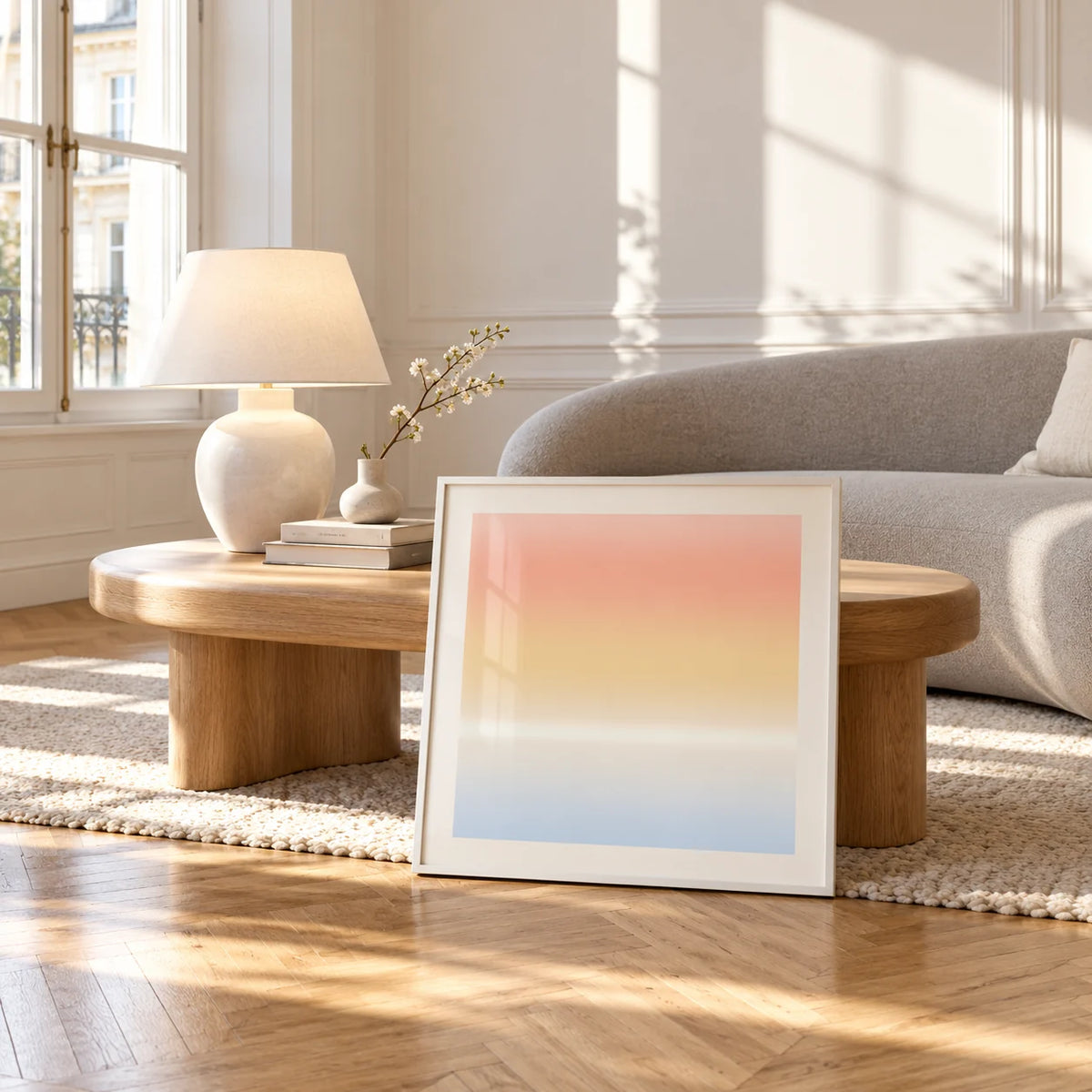 Ombre Print, framed and leaning against a coffee table in a bright living room