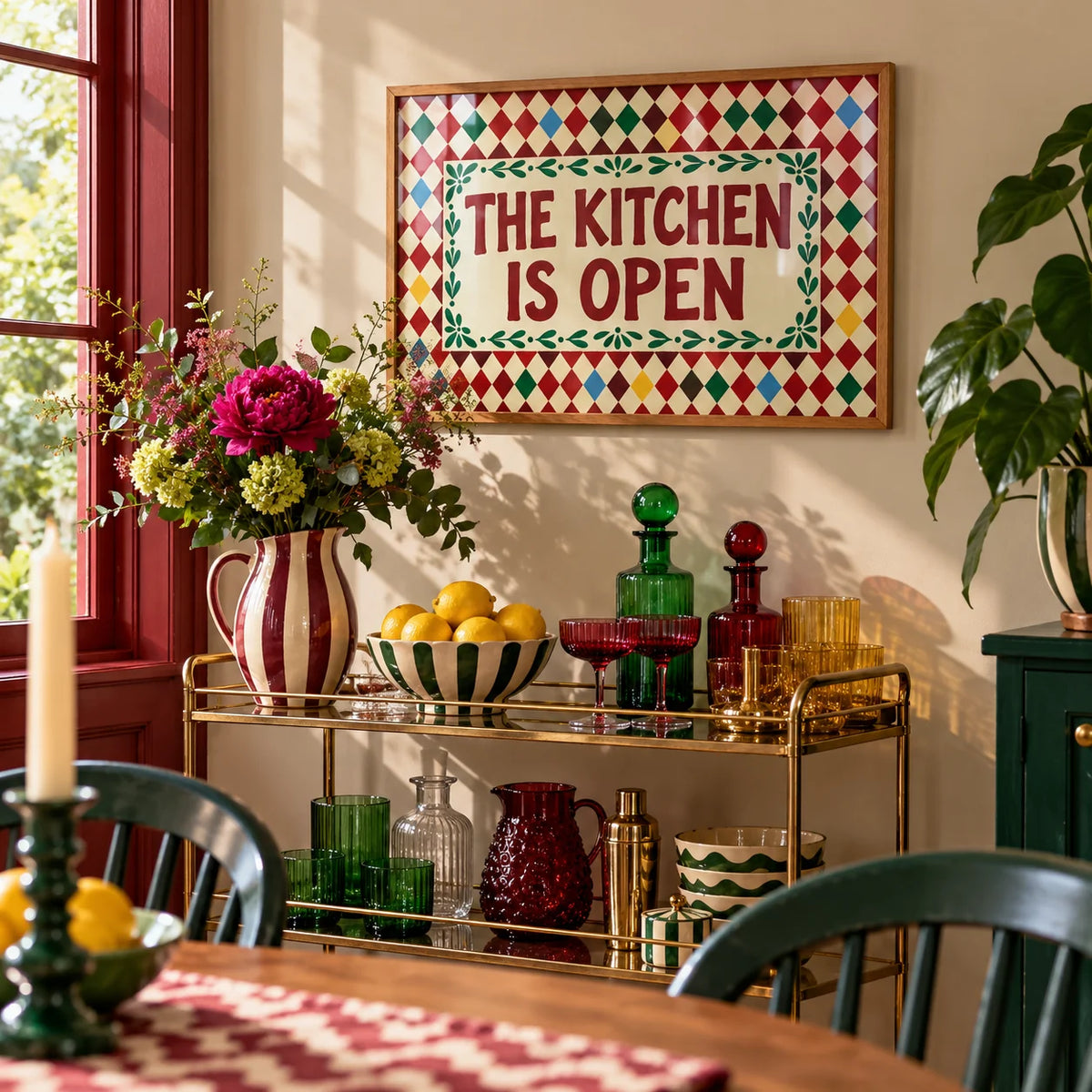 Open Kitchen Harlequin Print, framed on the wall of a colourful dining corner